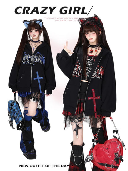 Crazy Girl Dark Demon Horn Gothic Webbing Hooded Loose Women&