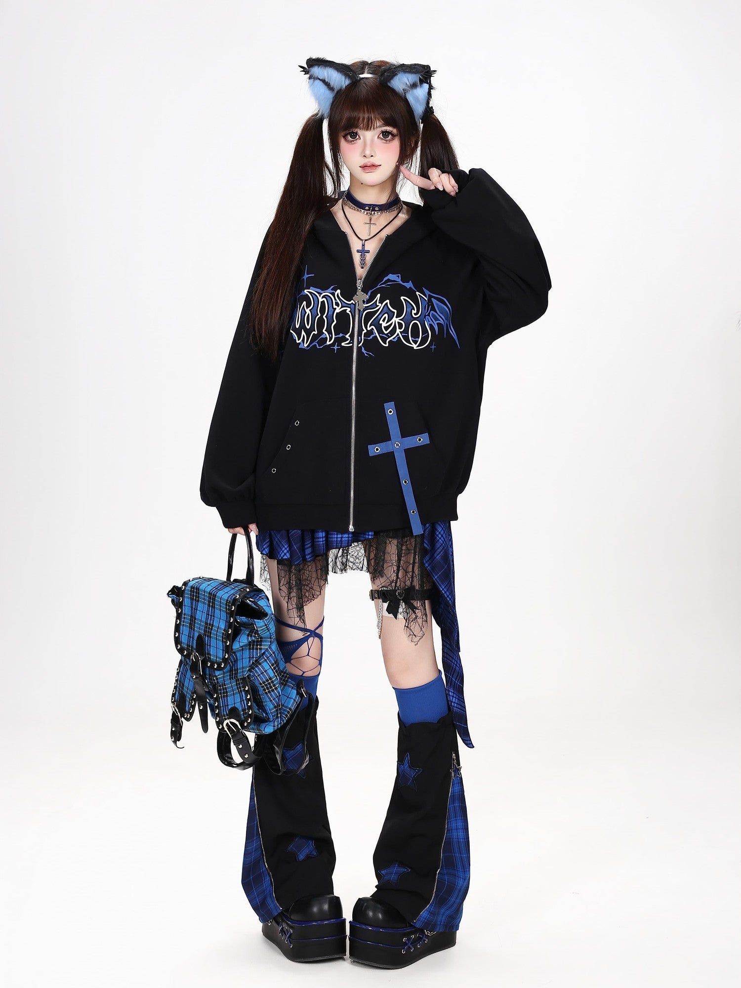 Crazy Girl Dark Demon Horn Gothic Webbing Hooded Loose Women&