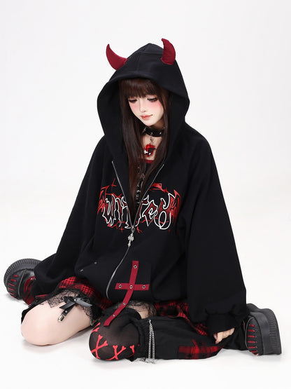 Crazy Girl Dark Demon Horn Gothic Webbing Hooded Loose Women&