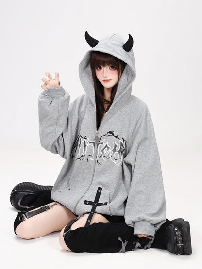 Crazy Girl Dark Demon Horn Gothic Webbing Hooded Loose Women&