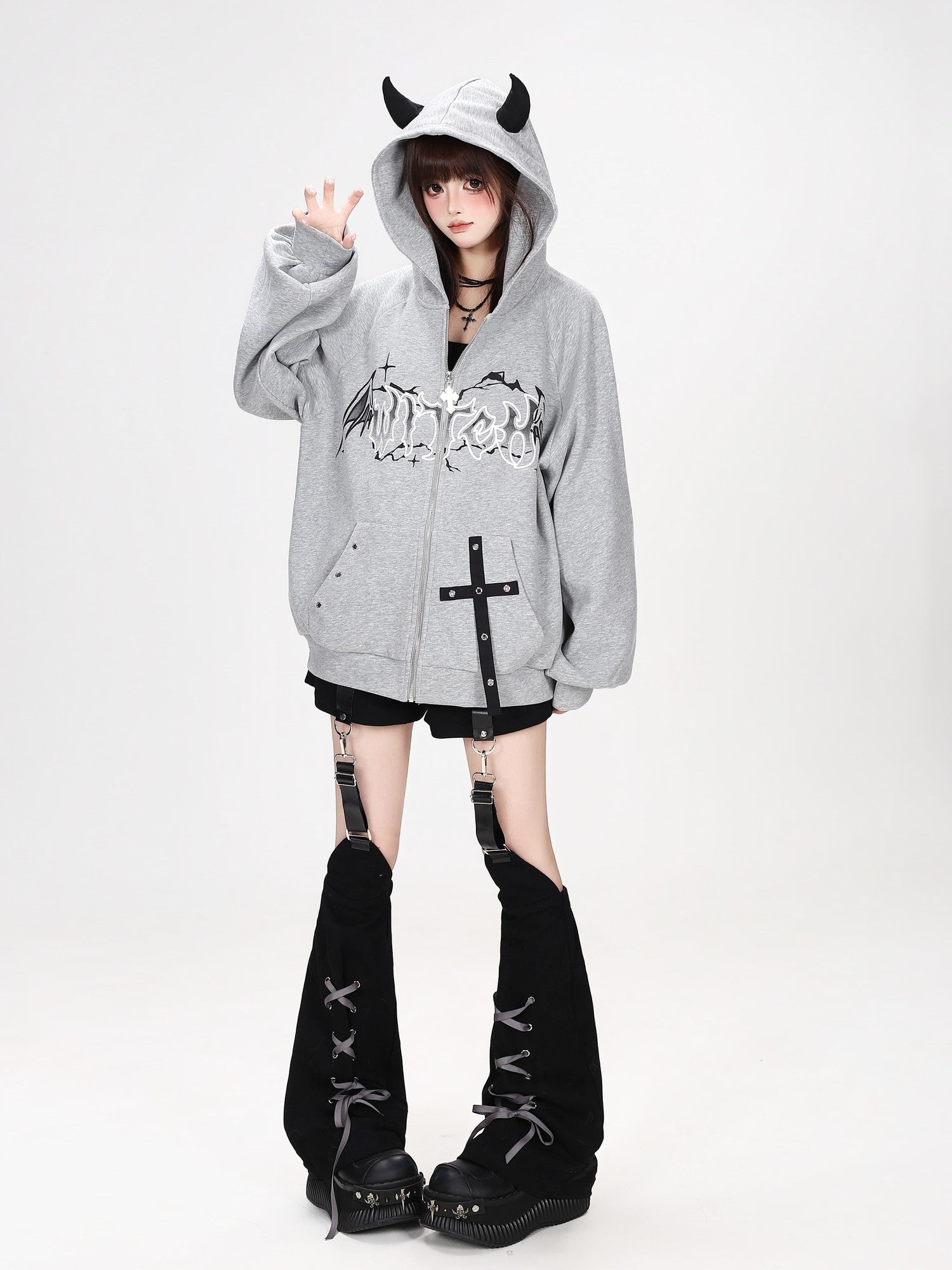 Crazy Girl Dark Demon Horn Gothic Webbing Hooded Loose Women&