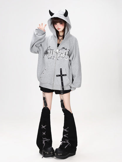Crazy Girl Dark Demon Horn Gothic Webbing Hooded Loose Women&