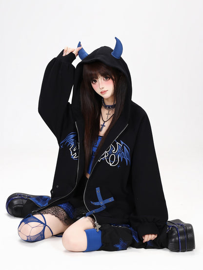 Crazy Girl Dark Demon Horn Gothic Webbing Hooded Loose Women&