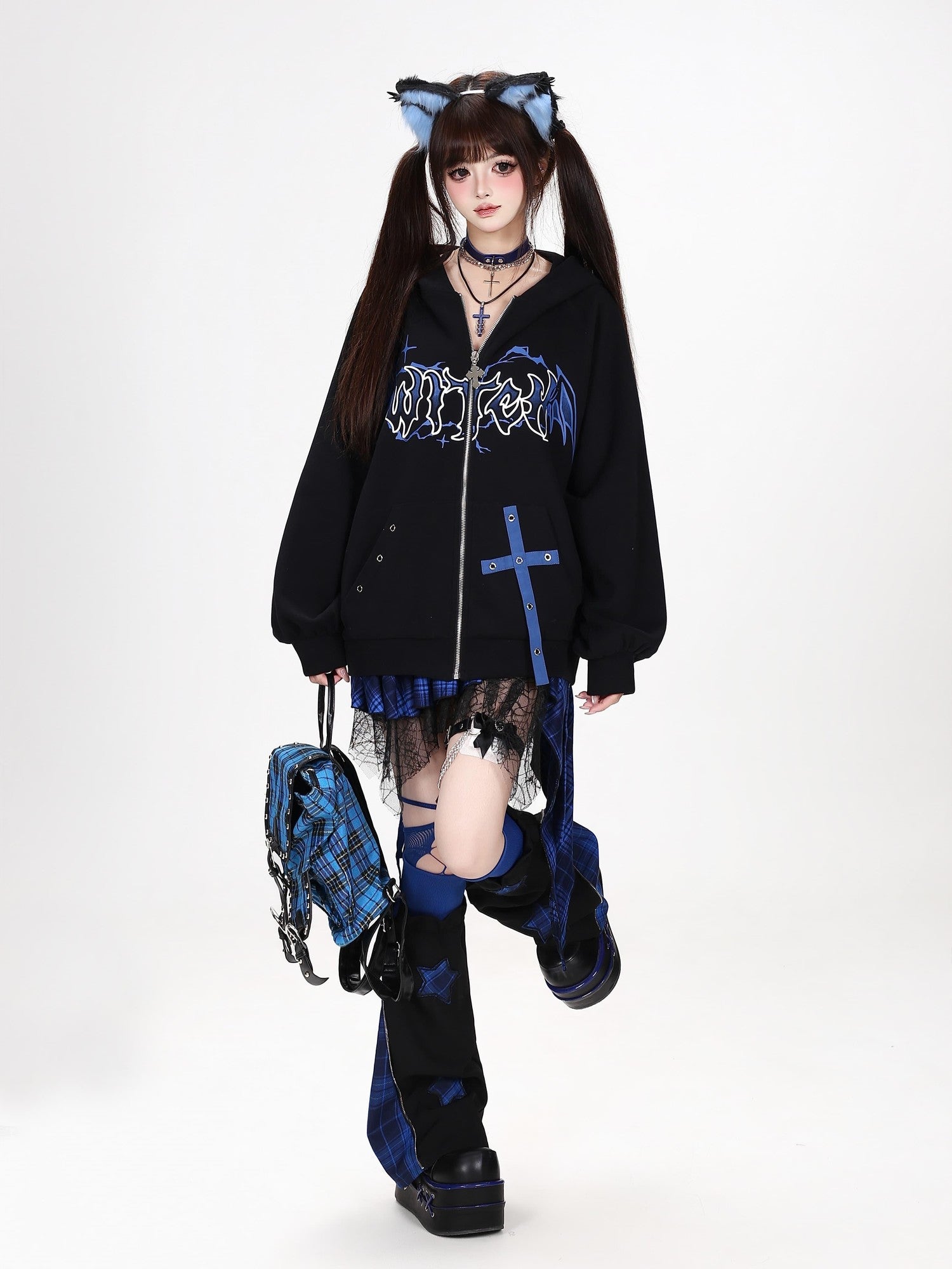 Crazy Girl Dark Demon Horn Gothic Webbing Hooded Loose Women&