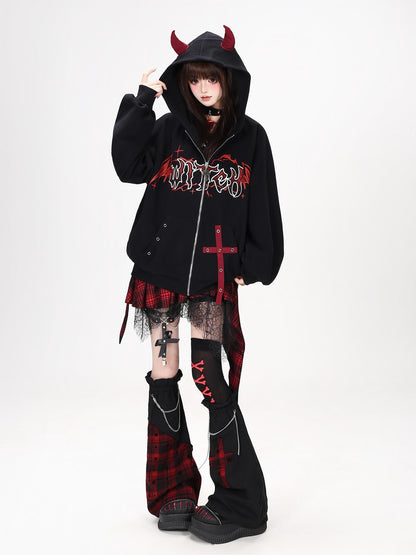 Crazy Girl Dark Demon Horn Gothic Webbing Hooded Loose Women&