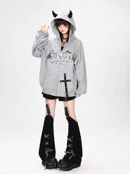 Crazy Girl Dark Demon Horn Gothic Webbing Hooded Loose Women&