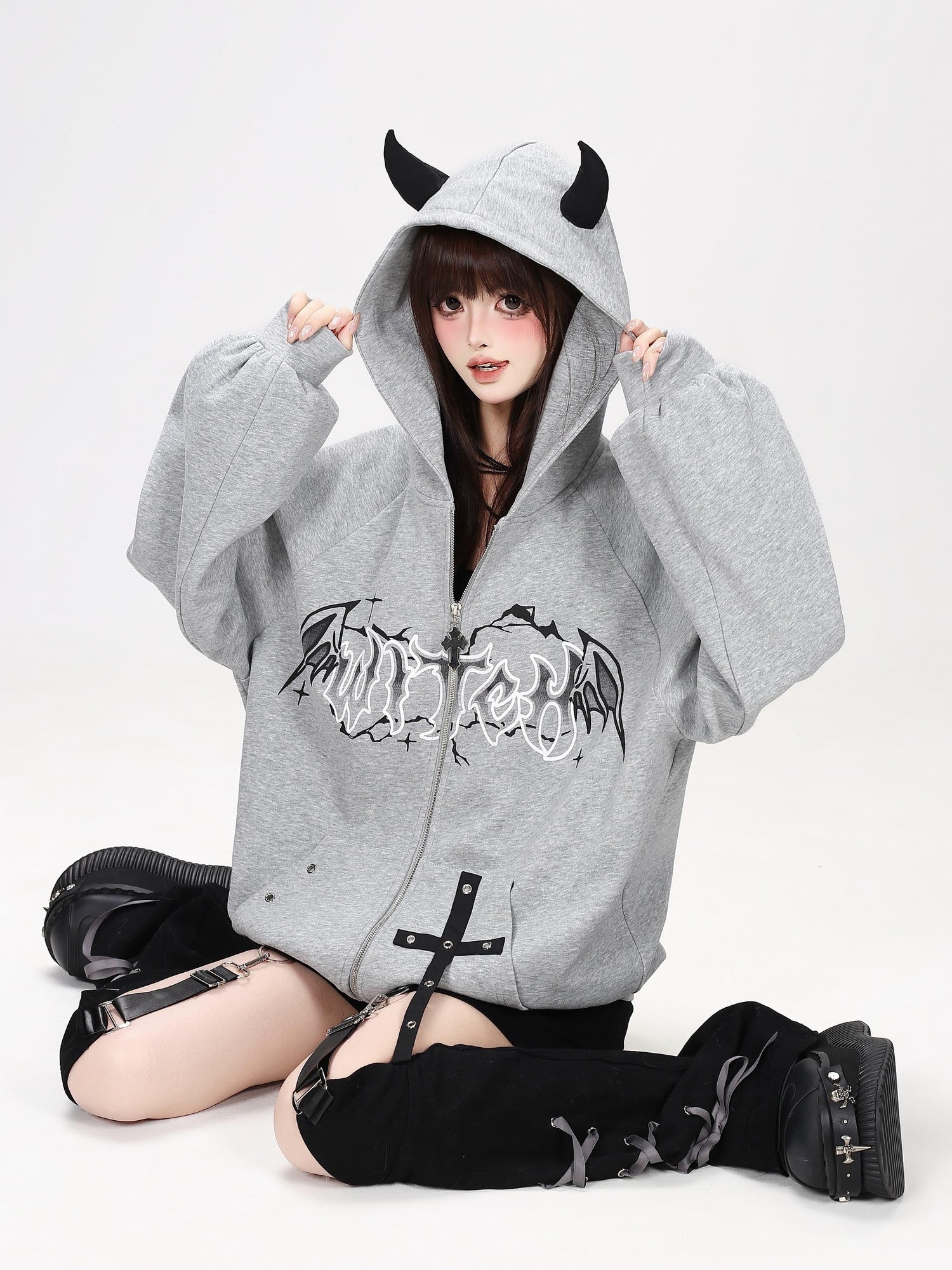 Crazy Girl Dark Demon Horn Gothic Webbing Hooded Loose Women&