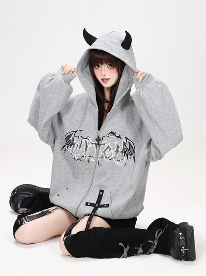Crazy Girl Dark Demon Horn Gothic Webbing Hooded Loose Women&