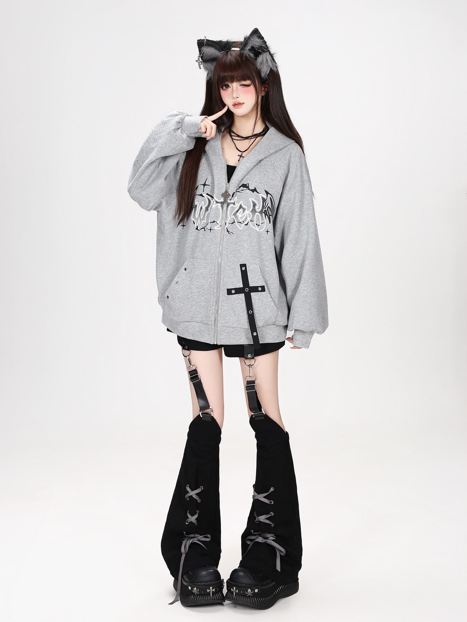 Crazy Girl Dark Demon Horn Gothic Webbing Hooded Loose Women&