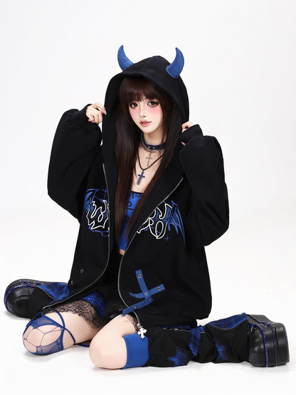 Crazy Girl Dark Demon Horn Gothic Webbing Hooded Loose Women&