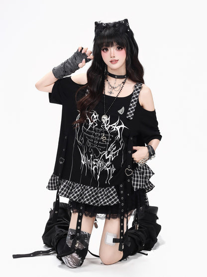 Crazy Girl Dark Plaid Print Patchwork Midi Loose Women&