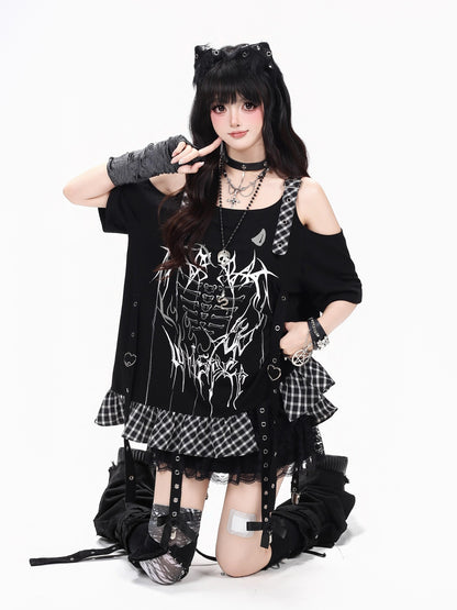 Crazy Girl Dark Plaid Print Patchwork Midi Loose Women&