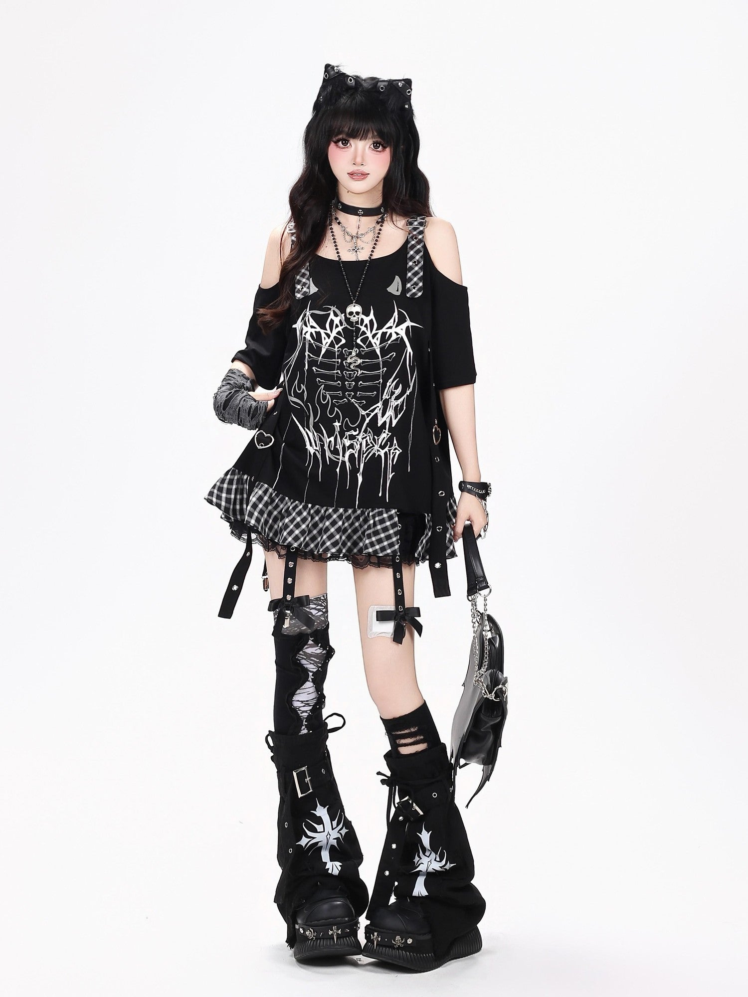 Crazy Girl Dark Plaid Print Patchwork Midi Loose Women&
