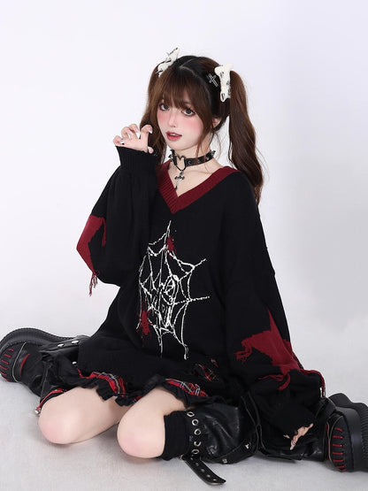 Crazy Girl Dark Star Knitted V-neck Loose Mid Length Women&