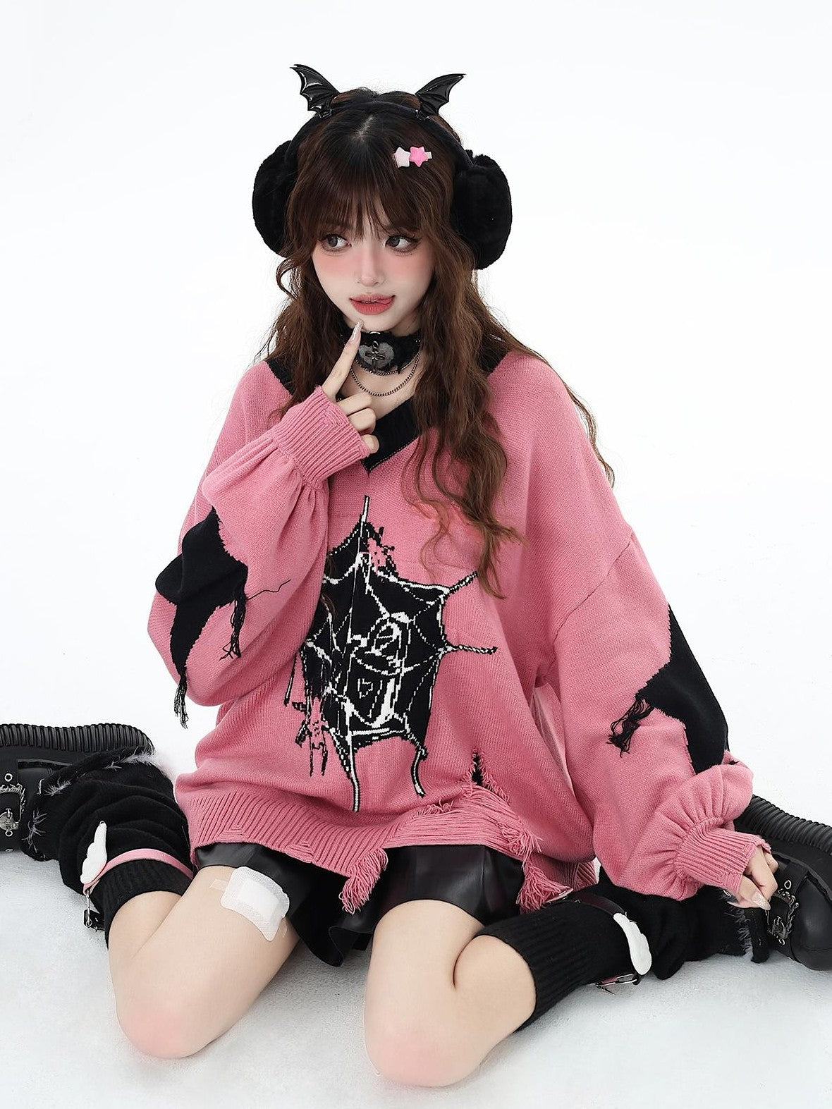 Crazy Girl Dark Star Knitted V-neck Loose Mid Length Women&