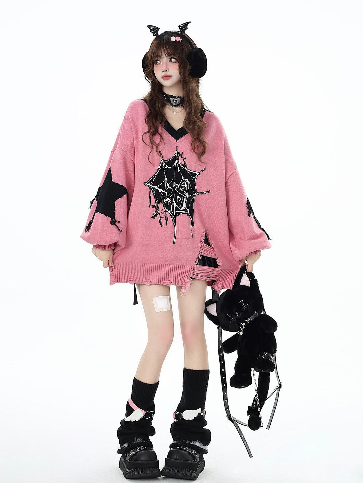 Crazy Girl Dark Star Knitted V-neck Loose Mid Length Women&