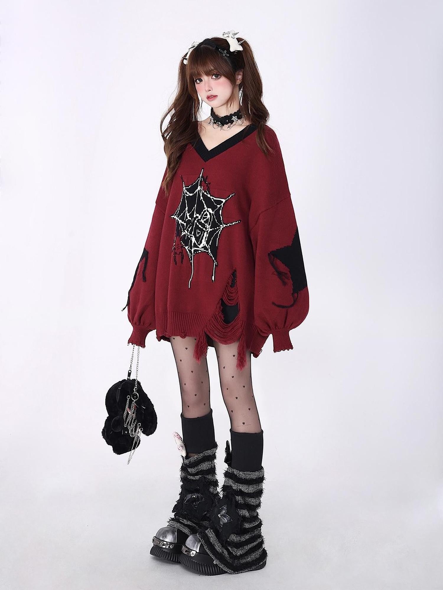 Crazy Girl Dark Star Knitted V-neck Loose Mid Length Women&