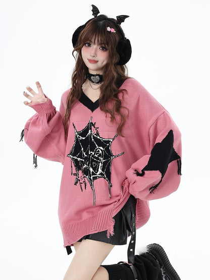Crazy Girl Dark Star Knitted V-neck Loose Mid Length Women&