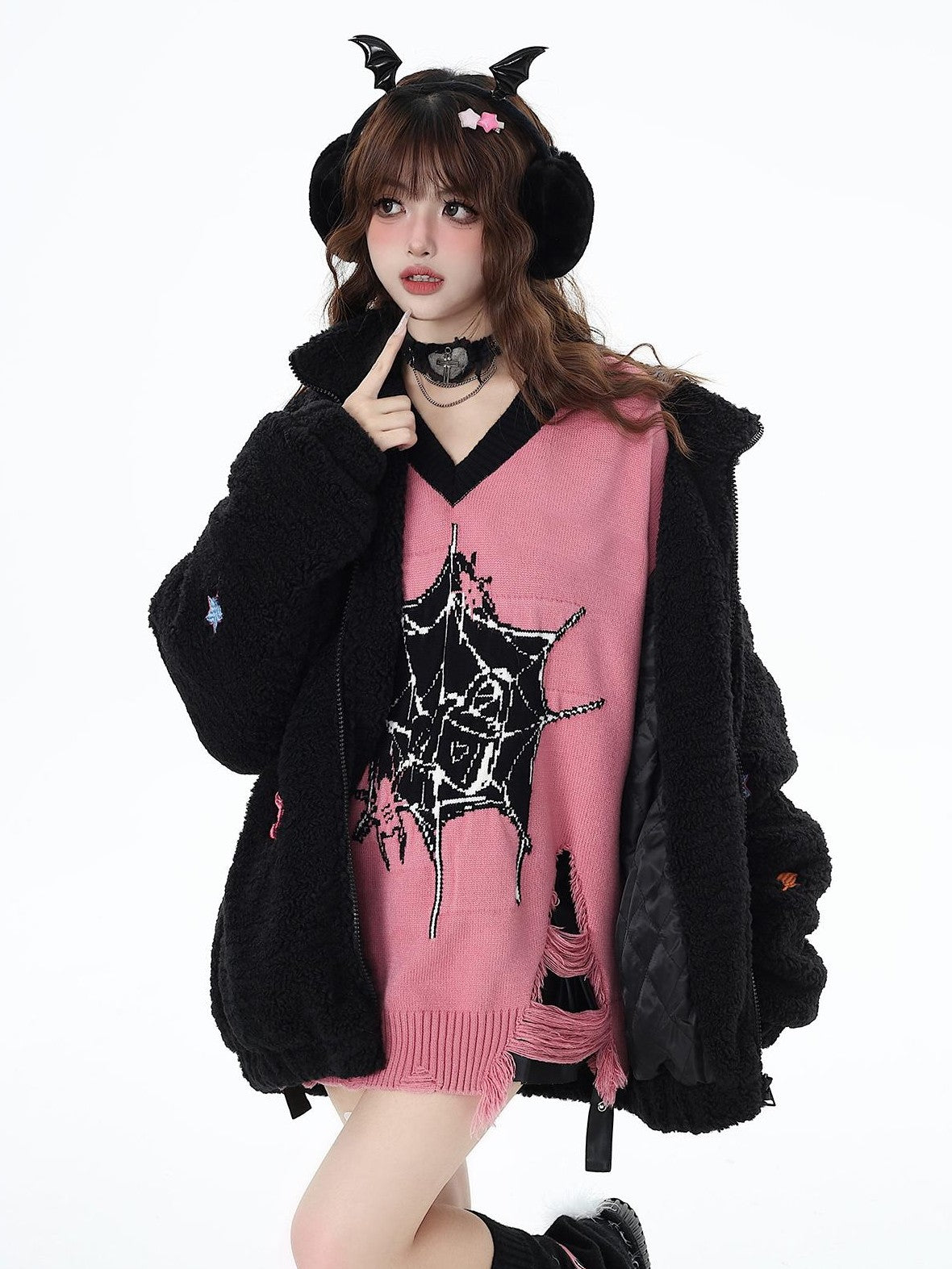 Crazy Girl Dark Star Knitted V-neck Loose Mid Length Women&