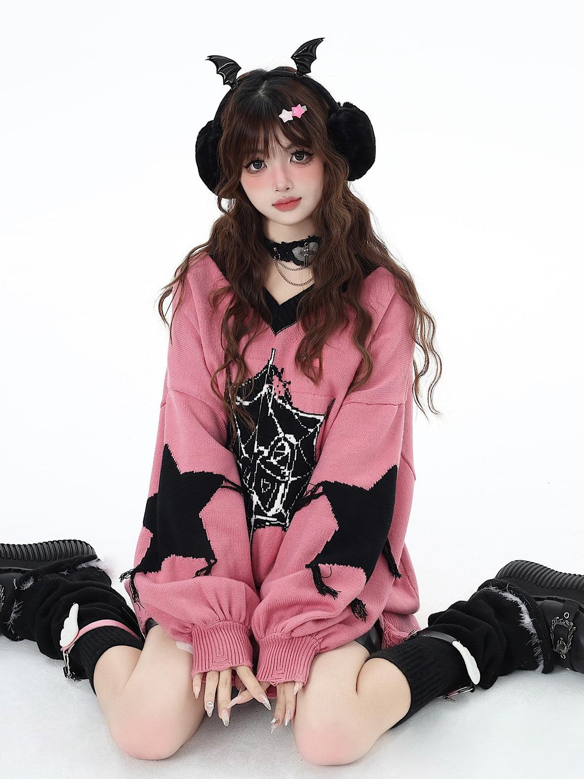 Crazy Girl Dark Star Knitted V-neck Loose Mid Length Women&