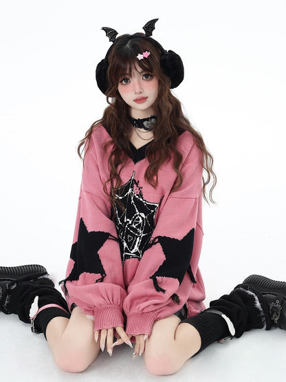 Crazy Girl Dark Star Knitted V-neck Loose Mid Length Women&