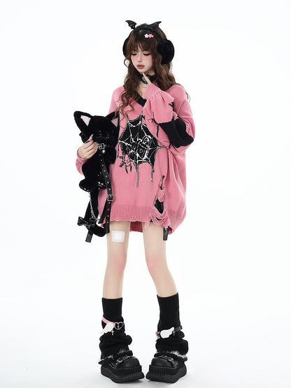 Crazy Girl Dark Star Knitted V-neck Loose Mid Length Women&