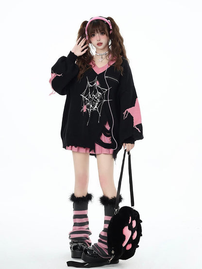 Crazy Girl Dark Star Knitted V-neck Loose Mid Length Women&
