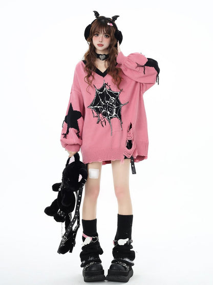Crazy Girl Dark Star Knitted V-neck Loose Mid Length Women&