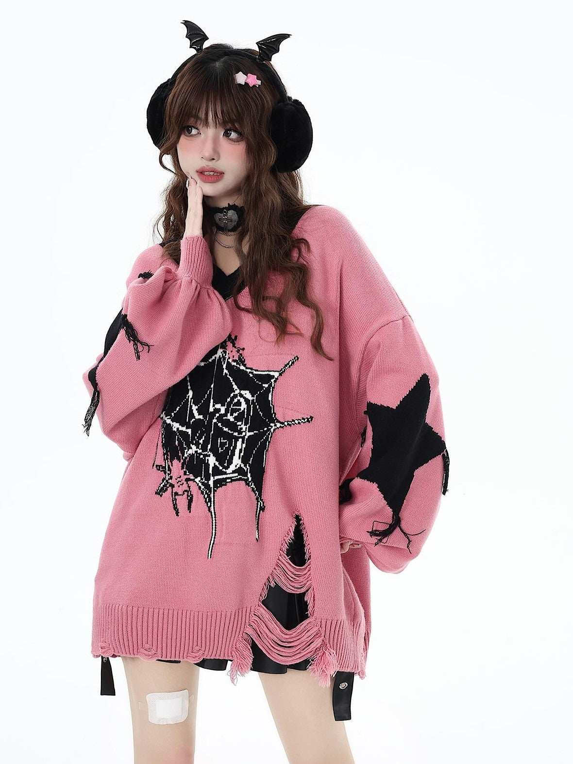 Crazy Girl Dark Star Knitted V-neck Loose Mid Length Women&
