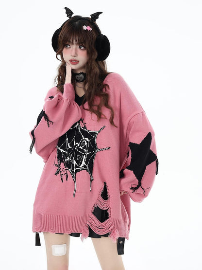 Crazy Girl Dark Star Knitted V-neck Loose Mid Length Women&