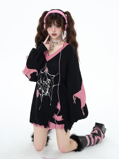 Crazy Girl Dark Star Knitted V-neck Loose Mid Length Women&