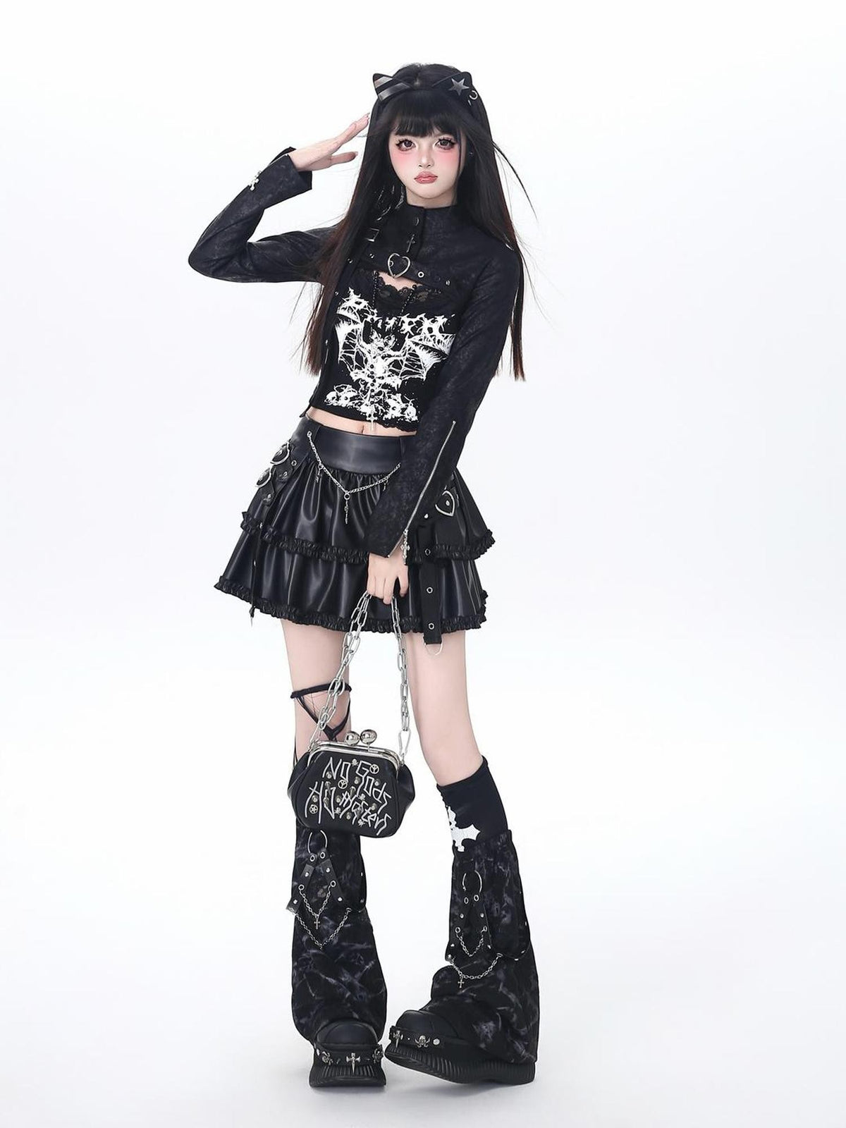 Crazy Girl Dark Utilitarian Hooded Button Cropped Slim Fit Y2k Women&