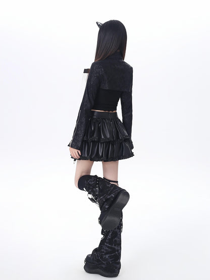Crazy Girl Dark Utilitarian Hooded Button Cropped Slim Fit Y2k Women&