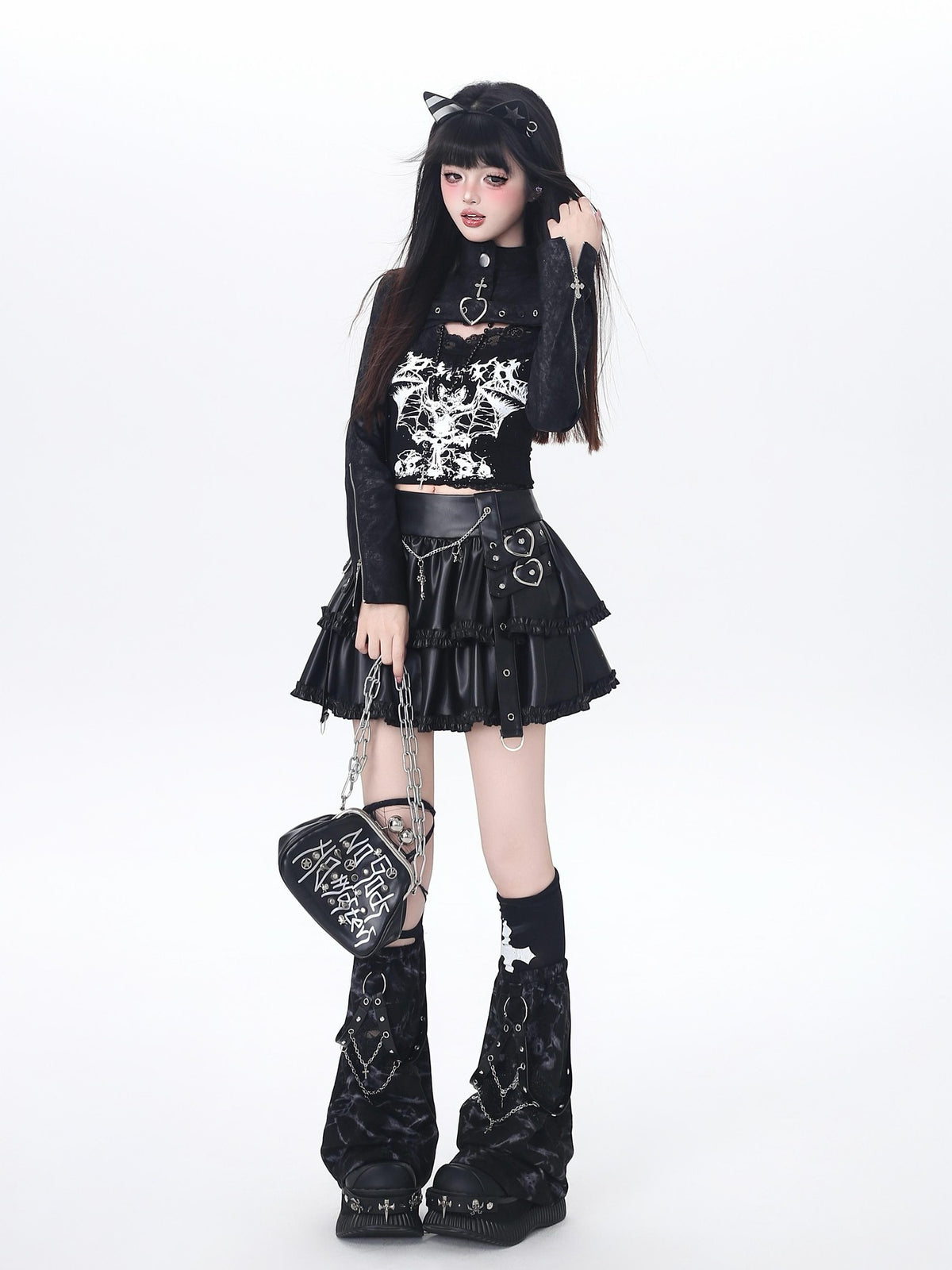 Crazy Girl Dark Utilitarian Hooded Button Cropped Slim Fit Y2k Women&