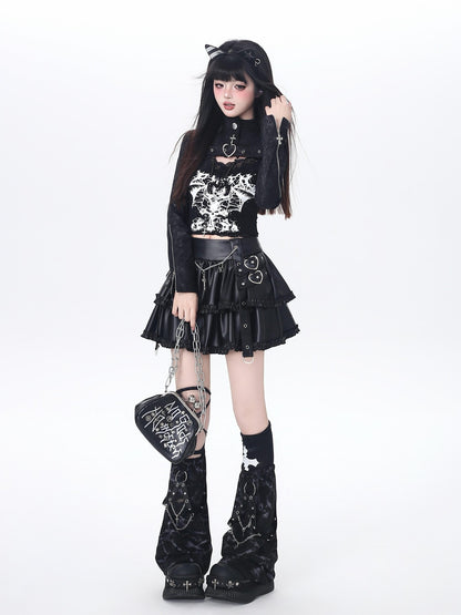 Crazy Girl Dark Utilitarian Hooded Button Cropped Slim Fit Y2k Women&