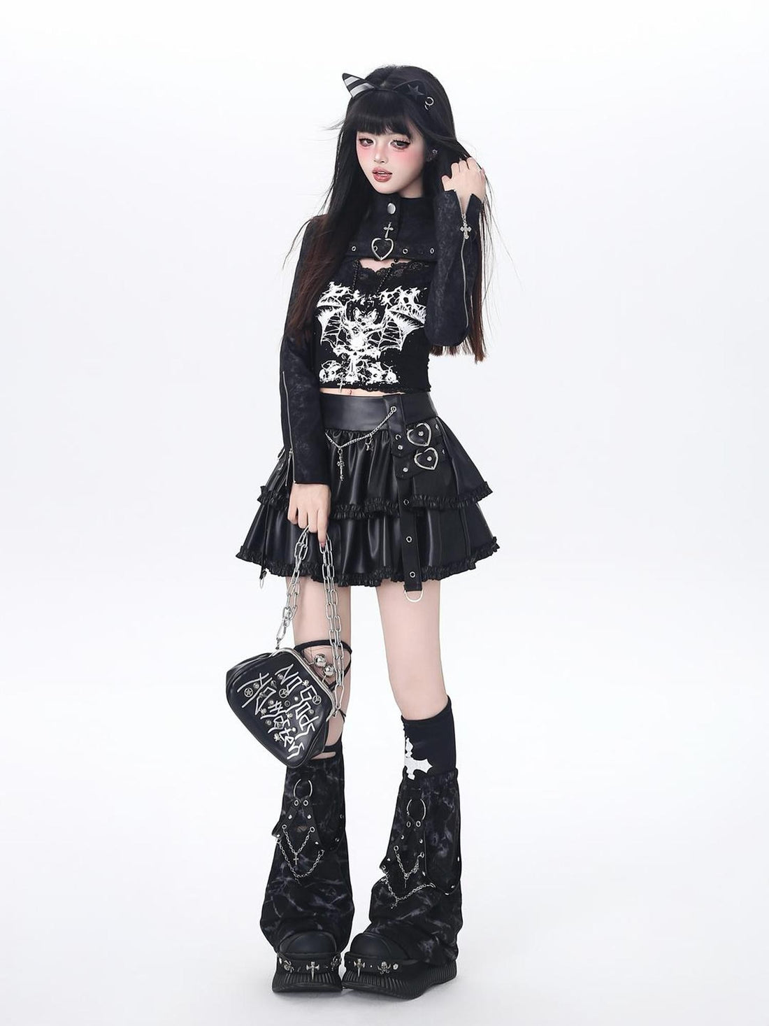 Crazy Girl Dark Utilitarian Hooded Button Cropped Slim Fit Y2k Women&