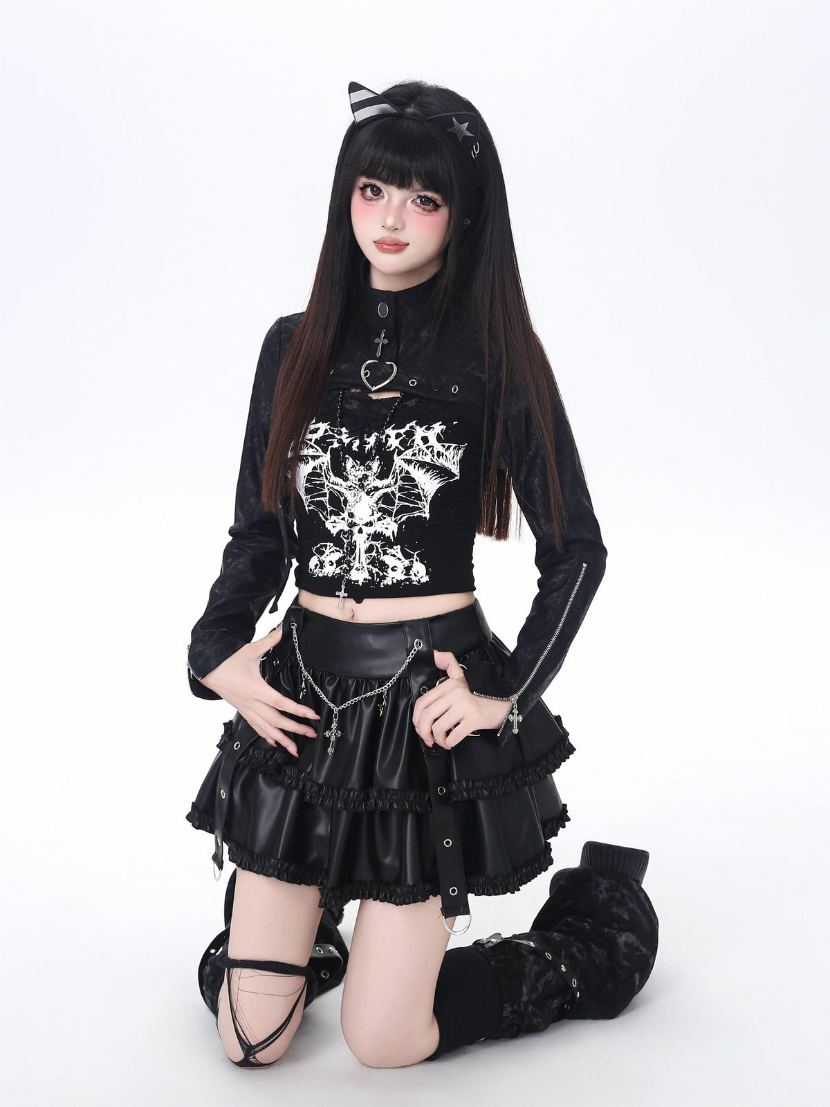 Crazy Girl Dark Utilitarian Hooded Button Cropped Slim Fit Y2k Women&