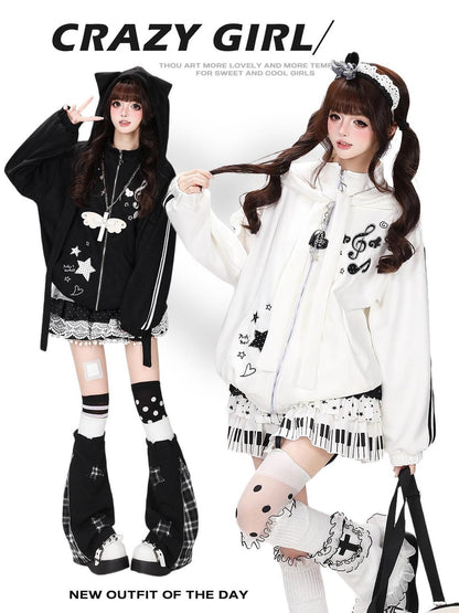 Crazy Girl Detachable Cat Ear Hood Music Note Embroidered Women&