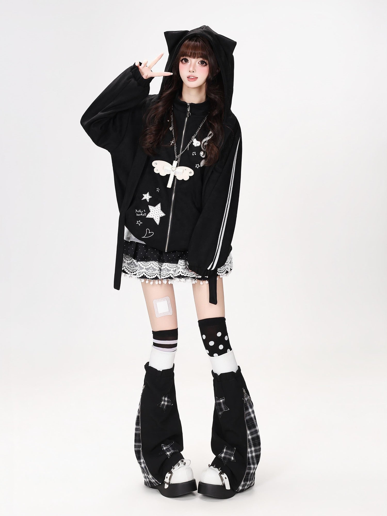 Crazy Girl Detachable Cat Ear Hood Music Note Embroidered Women&