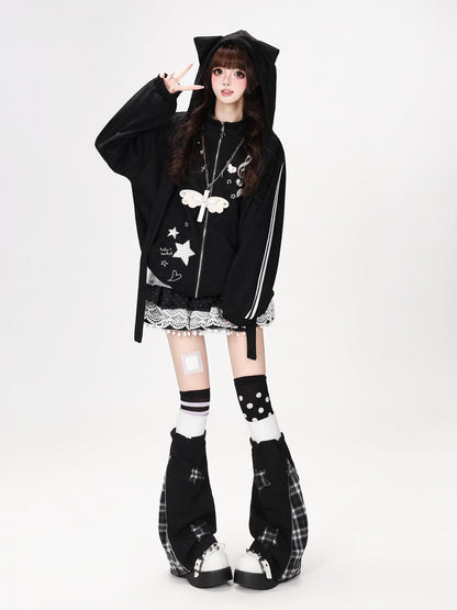 Crazy Girl Detachable Cat Ear Hood Music Note Embroidered Women&