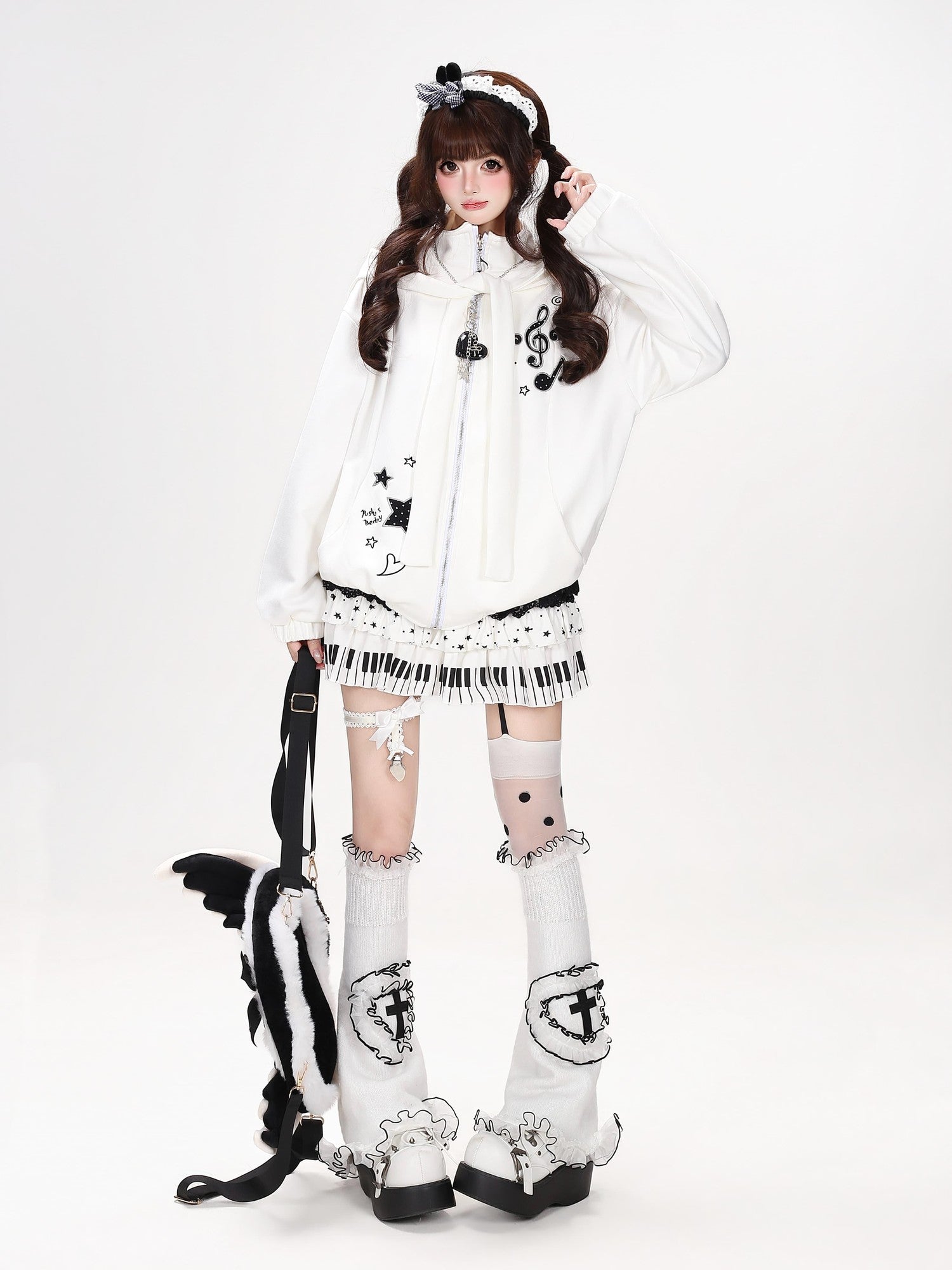 Crazy Girl Detachable Cat Ear Hood Music Note Embroidered Women&