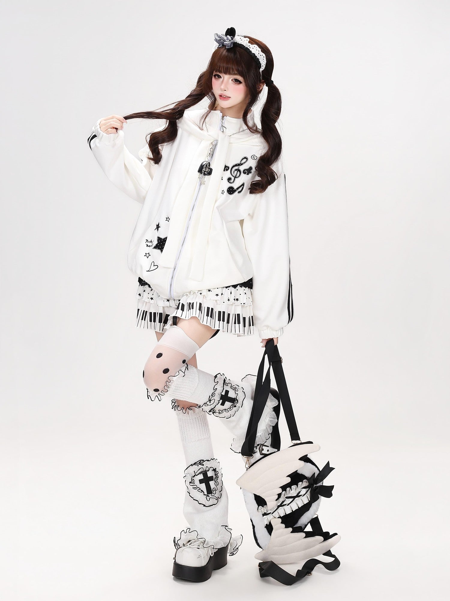Crazy Girl Detachable Cat Ear Hood Music Note Embroidered Women&