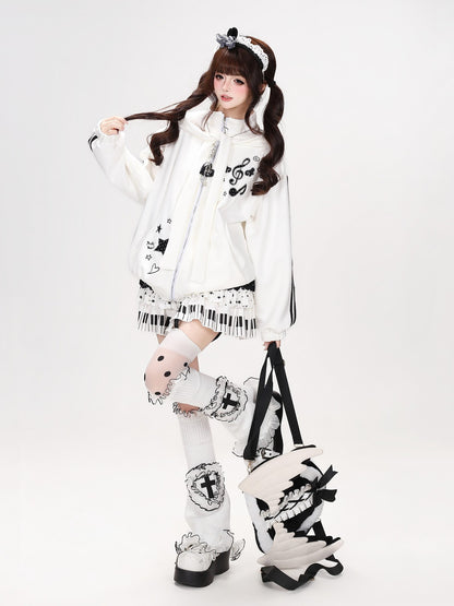 Crazy Girl Detachable Cat Ear Hood Music Note Embroidered Women&