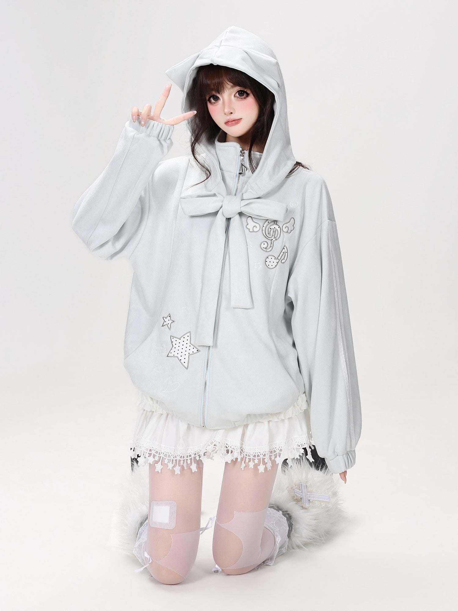 Crazy Girl Detachable Cat Ear Hood Music Note Embroidered Women&