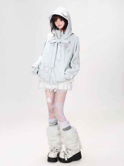 Crazy Girl Detachable Cat Ear Hood Music Note Embroidered Women&