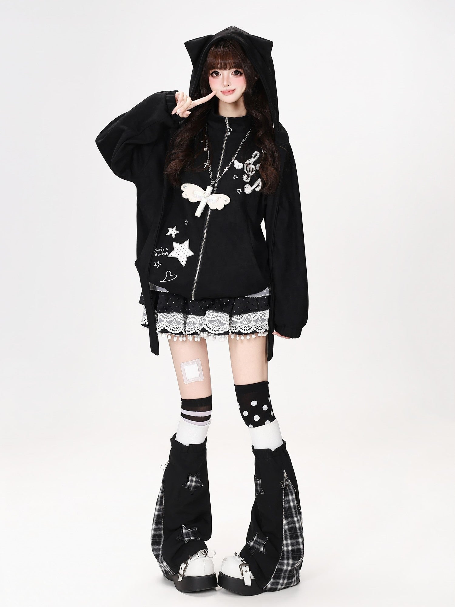 Crazy Girl Detachable Cat Ear Hood Music Note Embroidered Women&