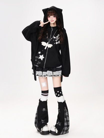 Crazy Girl Detachable Cat Ear Hood Music Note Embroidered Women&