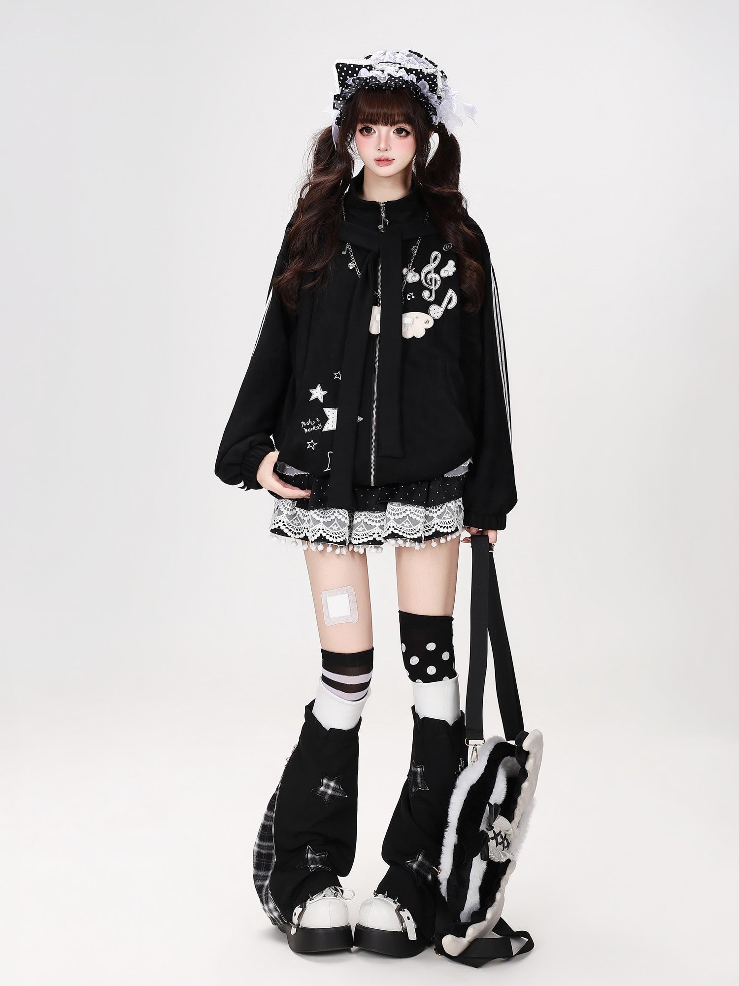 Crazy Girl Detachable Cat Ear Hood Music Note Embroidered Women&