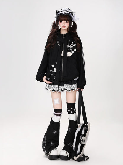 Crazy Girl Detachable Cat Ear Hood Music Note Embroidered Women&