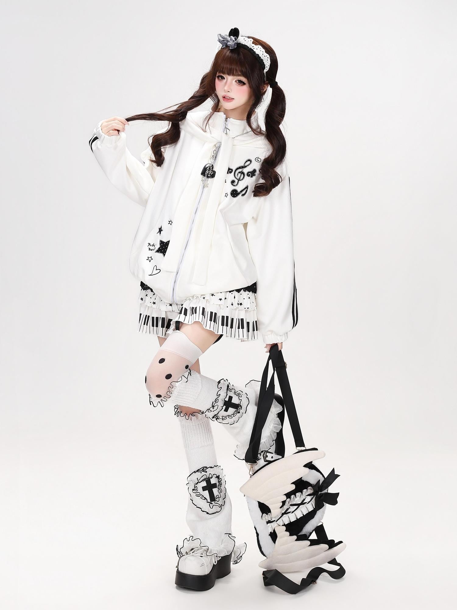Crazy Girl Detachable Cat Ear Hood Music Note Embroidered Women&